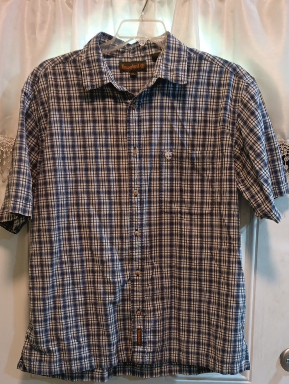 Timberland Men's Navy and White Plaid Short-Sleeve Button-Down Shirt